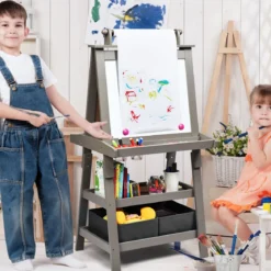 3 in 1 Kinder Staffelei Kindertafel doppelseitig Whiteboard & Kreidetafel & Zeichenpapier für Kleinkinder Grau