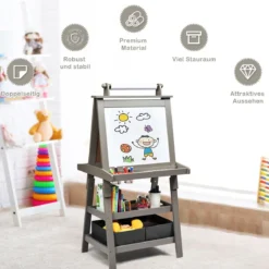 3 in 1 Kinder Staffelei Kindertafel doppelseitig Whiteboard & Kreidetafel & Zeichenpapier für Kleinkinder Grau