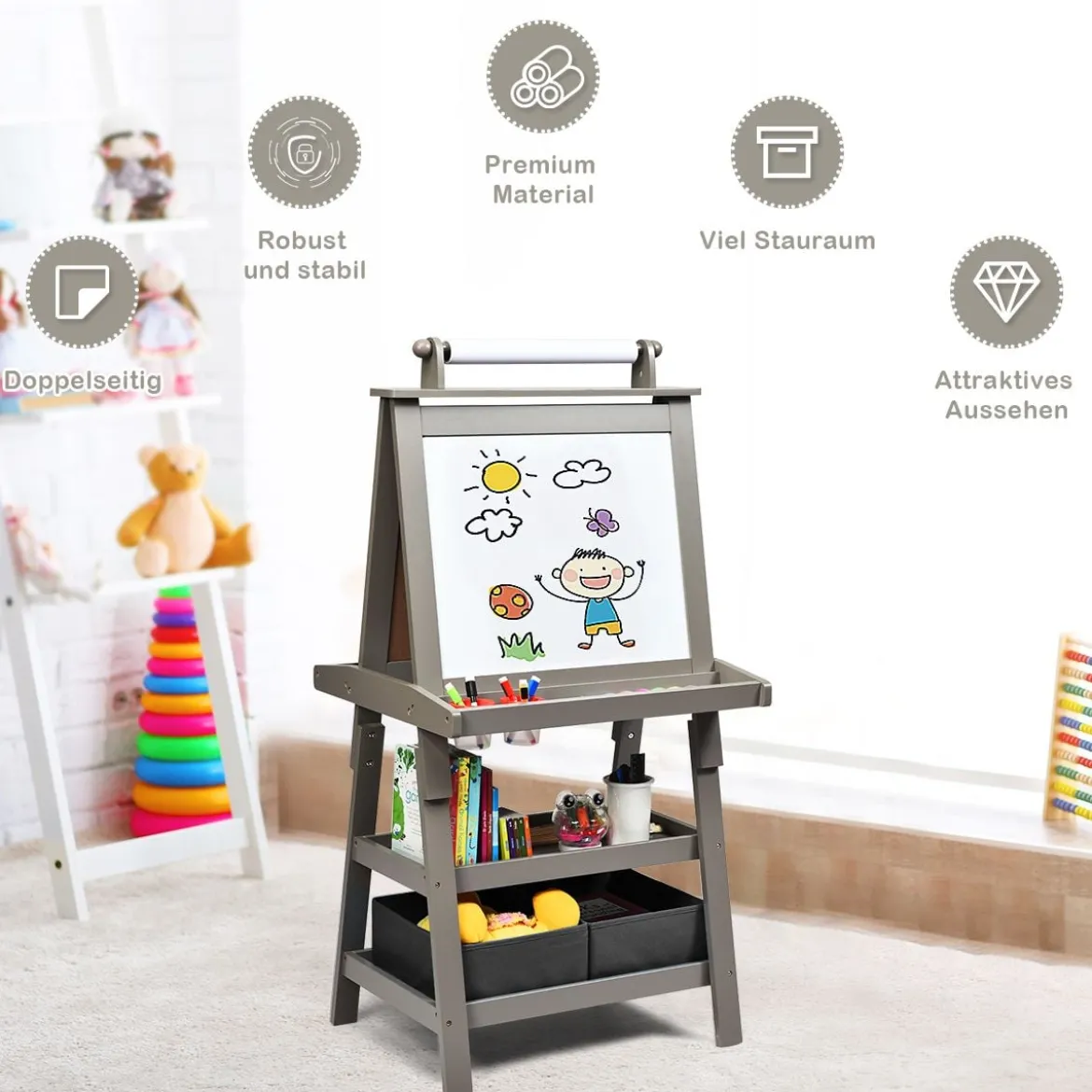 3 in 1 Kinder Staffelei Kindertafel doppelseitig Whiteboard & Kreidetafel & Zeichenpapier für Kleinkinder Grau