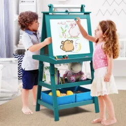 3 in 1 Kinder Staffelei Kindertafel doppelseitig Whiteboard & Kreidetafel & Zeichenpapier 59 x 50 x 117 cm Blau