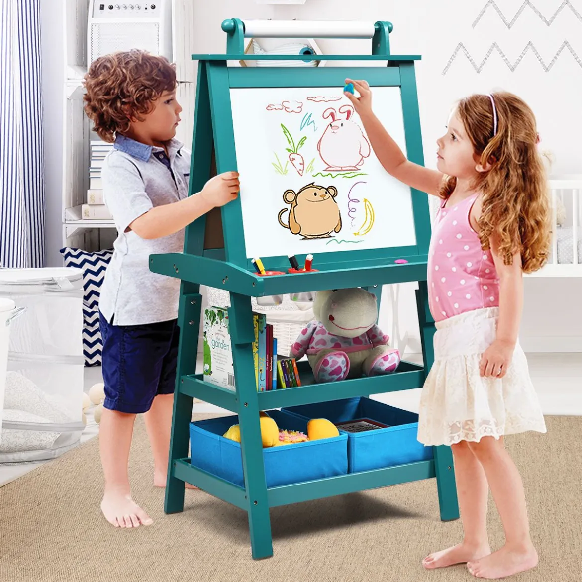 3 in 1 Kinder Staffelei Kindertafel doppelseitig Whiteboard & Kreidetafel & Zeichenpapier 59 x 50 x 117 cm Blau