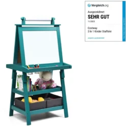 3 in 1 Kinder Staffelei Kindertafel doppelseitig Whiteboard & Kreidetafel & Zeichenpapier 59 x 50 x 117 cm Blau