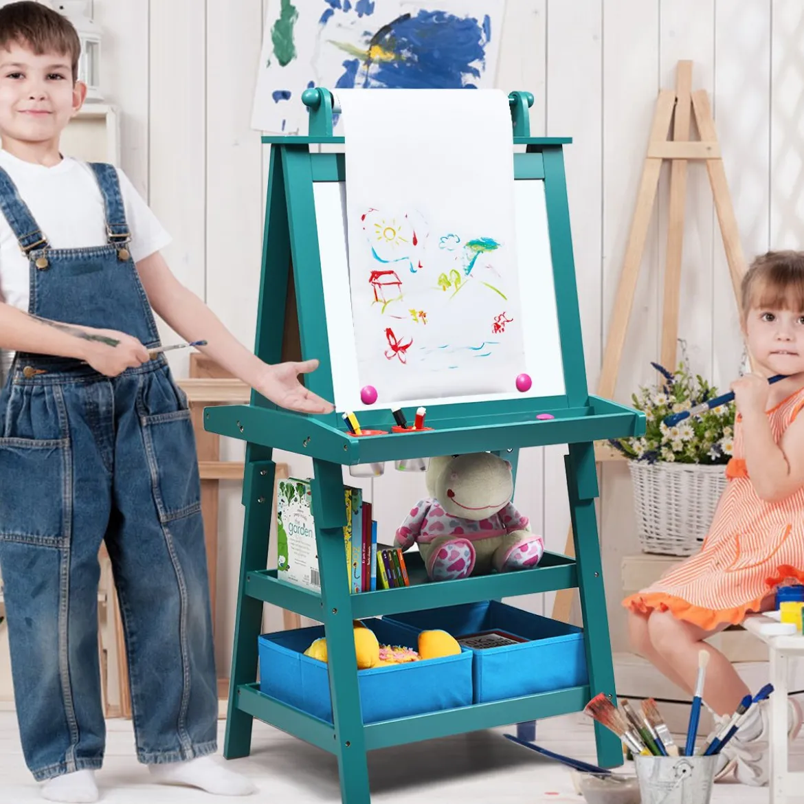 3 in 1 Kinder Staffelei Kindertafel doppelseitig Whiteboard & Kreidetafel & Zeichenpapier 59 x 50 x 117 cm Blau