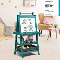 3 in 1 Kinder Staffelei Kindertafel doppelseitig Whiteboard & Kreidetafel & Zeichenpapier 59 x 50 x 117 cm Blau