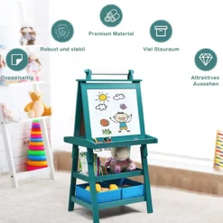 3 in 1 Kinder Staffelei Kindertafel doppelseitig Whiteboard & Kreidetafel & Zeichenpapier 59 x 50 x 117 cm Blau