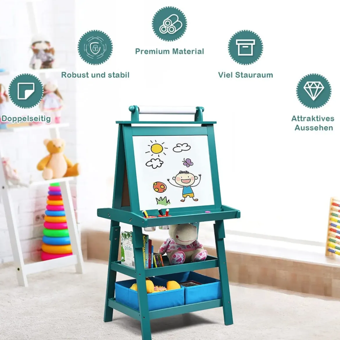 3 in 1 Kinder Staffelei Kindertafel doppelseitig Whiteboard & Kreidetafel & Zeichenpapier 59 x 50 x 117 cm Blau