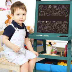 3 in 1 Kinder Staffelei Kindertafel doppelseitig Whiteboard & Kreidetafel & Zeichenpapier 59 x 50 x 117 cm Blau