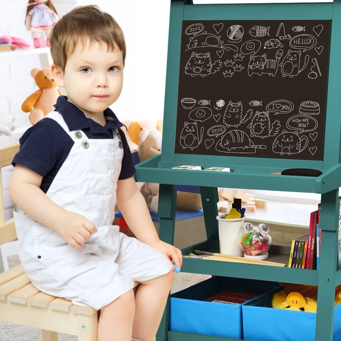 3 in 1 Kinder Staffelei Kindertafel doppelseitig Whiteboard & Kreidetafel & Zeichenpapier 59 x 50 x 117 cm Blau