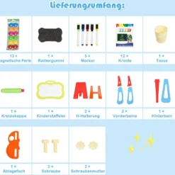 3 in 1 Kinder Staffelei Kindertafel doppelseitig Standtafel magnetisch Zeichentafel Whiteboard & Tafel mit Malzubehör und Ablagefach