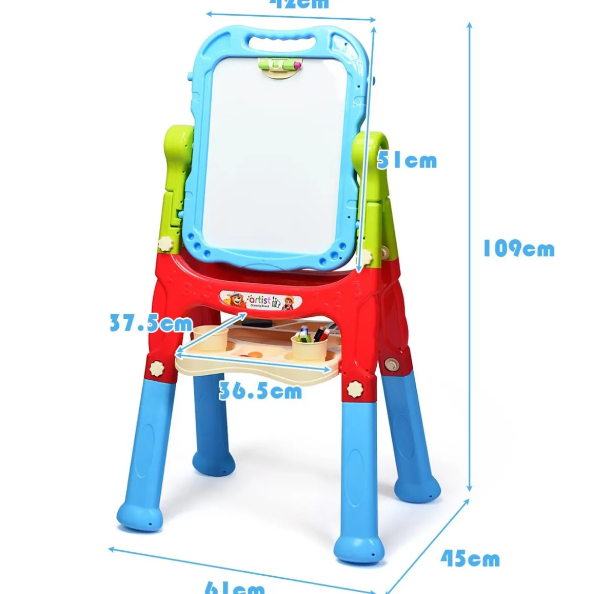 2 in 1 Kinder Staffelei Kunststaffelei doppelseitig mit Kreidetafel & Whiteboard 61 x 45 x 109 cm Blau