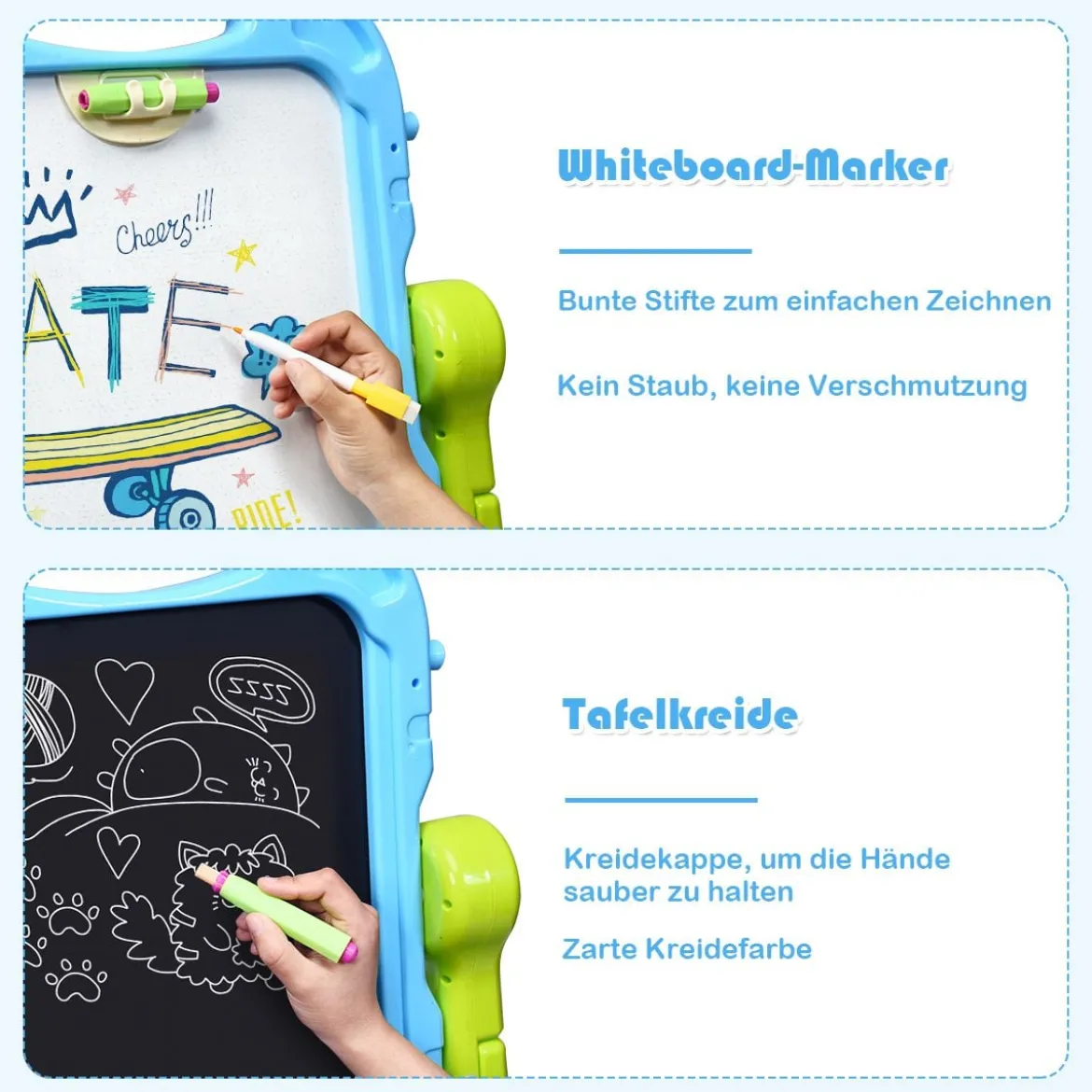 2 in 1 Kinder Staffelei Kunststaffelei doppelseitig mit Kreidetafel & Whiteboard 61 x 45 x 109 cm Blau
