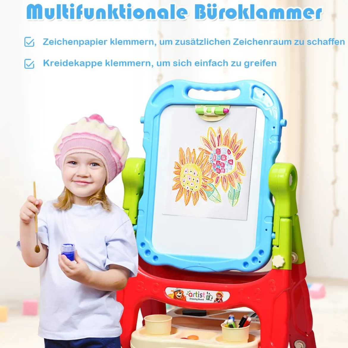 2 in 1 Kinder Staffelei Kunststaffelei doppelseitig mit Kreidetafel & Whiteboard 61 x 45 x 109 cm Blau