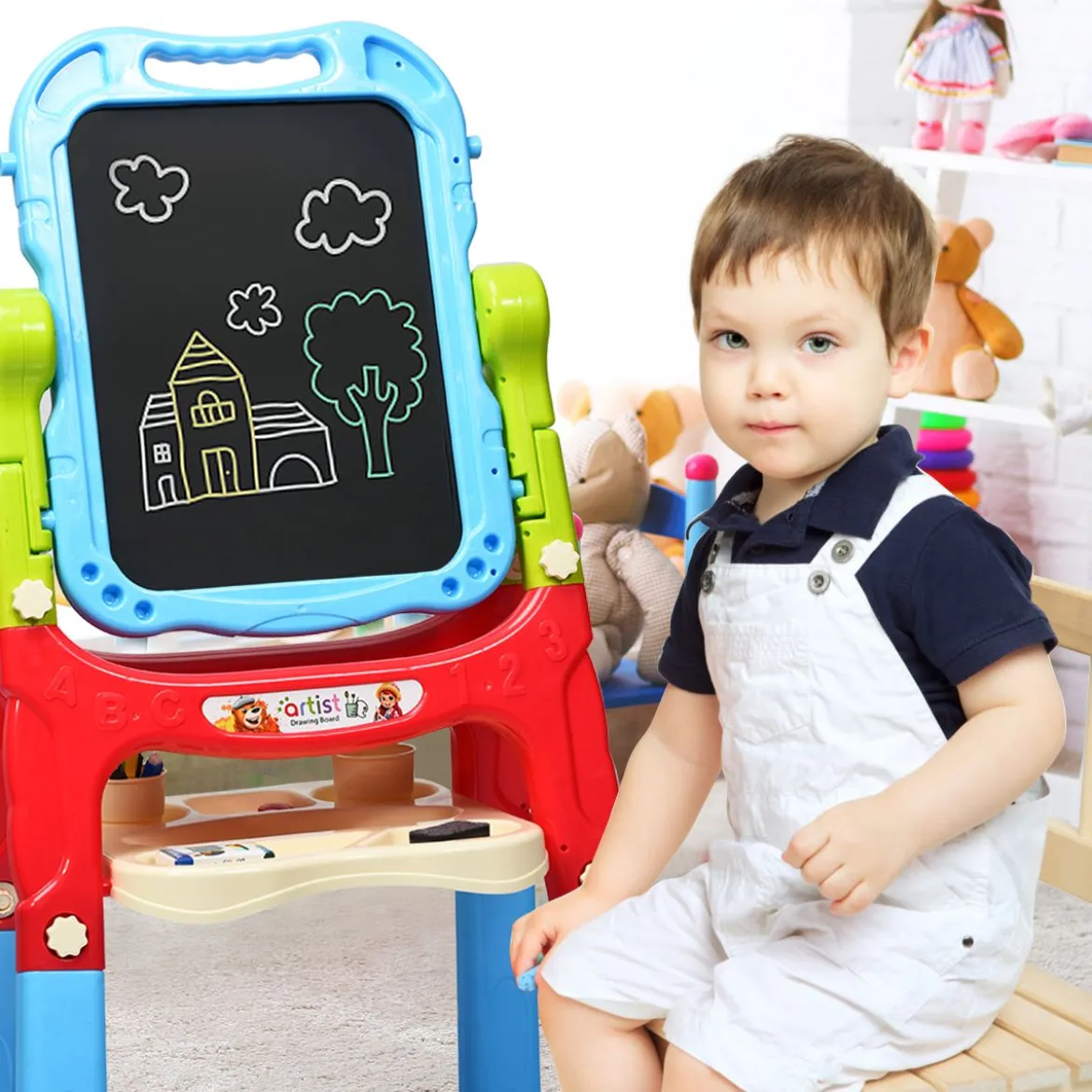 2 in 1 Kinder Staffelei Kunststaffelei doppelseitig mit Kreidetafel & Whiteboard 61 x 45 x 109 cm Blau