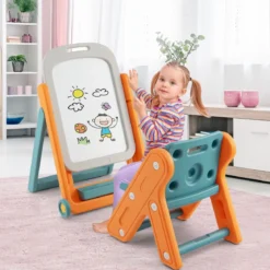 2 in 1 Kinder Staffelei mit Hocker & höhen- und neigungsverstellbarer Tischplatte Orange