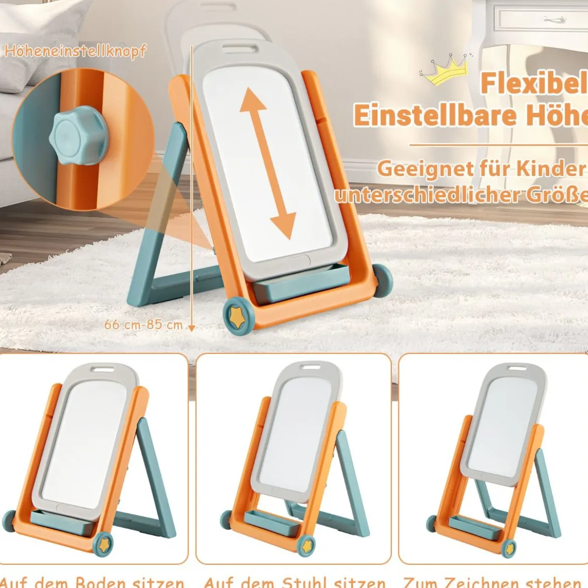 2 in 1 Kinder Staffelei mit Hocker & höhen- und neigungsverstellbarer Tischplatte Orange