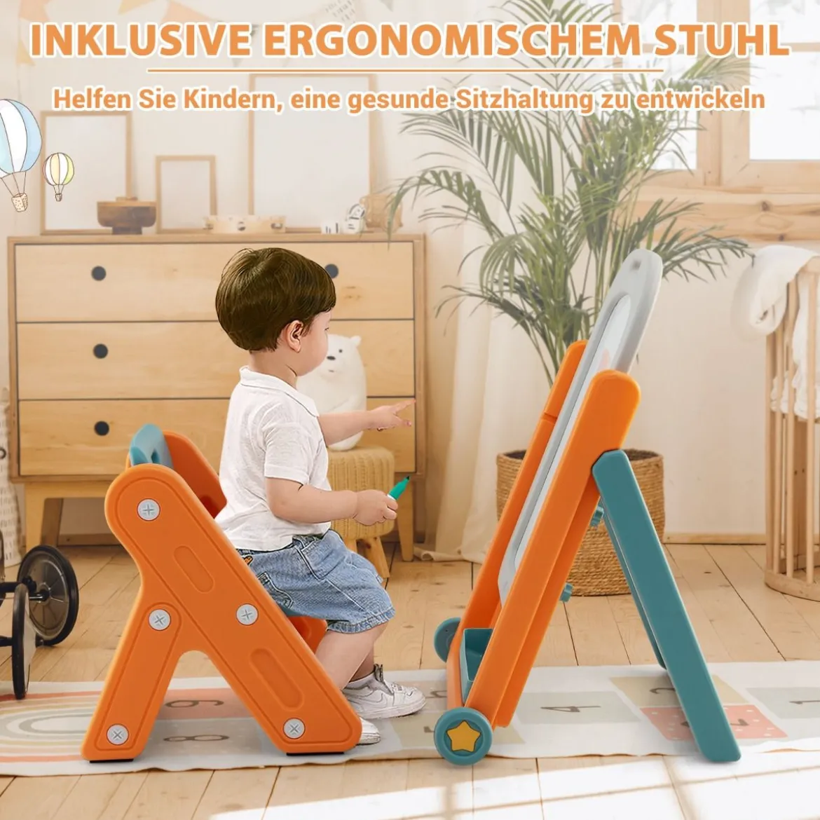 2 in 1 Kinder Staffelei mit Hocker & höhen- und neigungsverstellbarer Tischplatte Orange