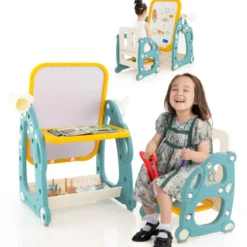 2 in 1 Kinder Staffelei mit 3-stufig Verstellbarem Whiteboard & Malzubehör Blau + Gelb