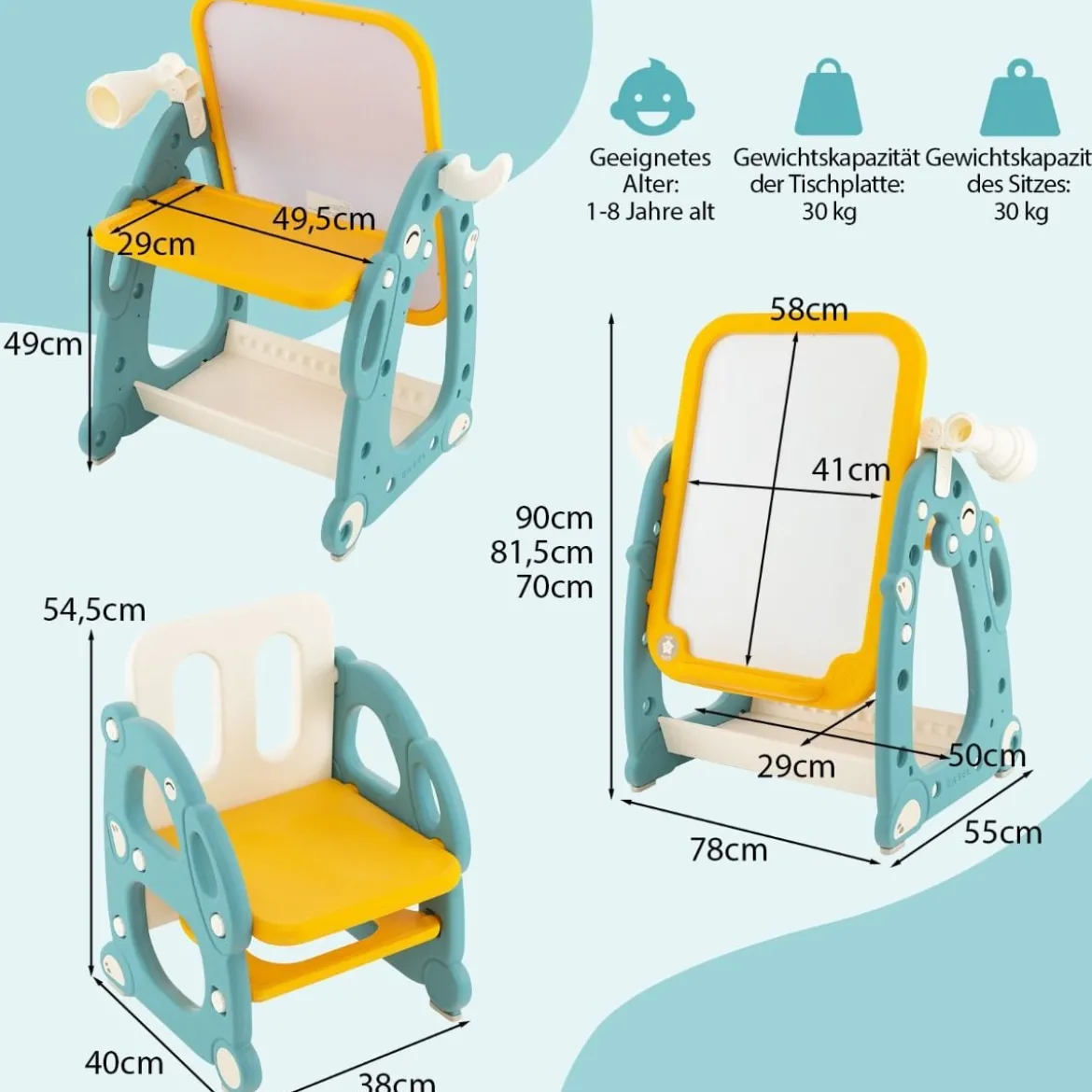 2 in 1 Kinder Staffelei mit 3-stufig Verstellbarem Whiteboard & Malzubehör Blau + Gelb