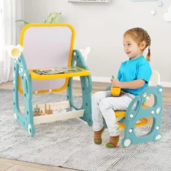 2 in 1 Kinder Staffelei mit 3-stufig Verstellbarem Whiteboard & Malzubehör Blau + Gelb