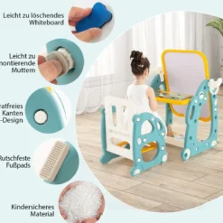 2 in 1 Kinder Staffelei mit 3-stufig Verstellbarem Whiteboard & Malzubehör Blau + Gelb