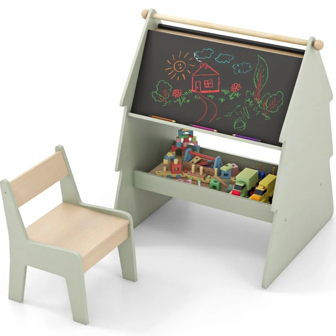 2 in 1 Kinder Staffelei mit Stuhl in Baumform Doppelseitige Standtafel mit Kreidetafel & Whiteboard