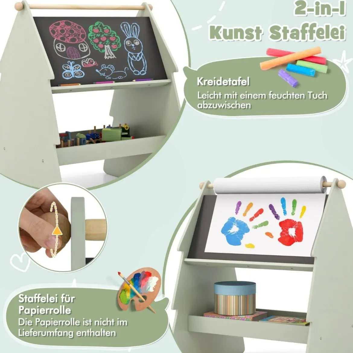2 in 1 Kinder Staffelei mit Stuhl in Baumform Doppelseitige Standtafel mit Kreidetafel & Whiteboard