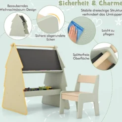 2 in 1 Kinder Staffelei mit Stuhl in Baumform Doppelseitige Standtafel mit Kreidetafel & Whiteboard
