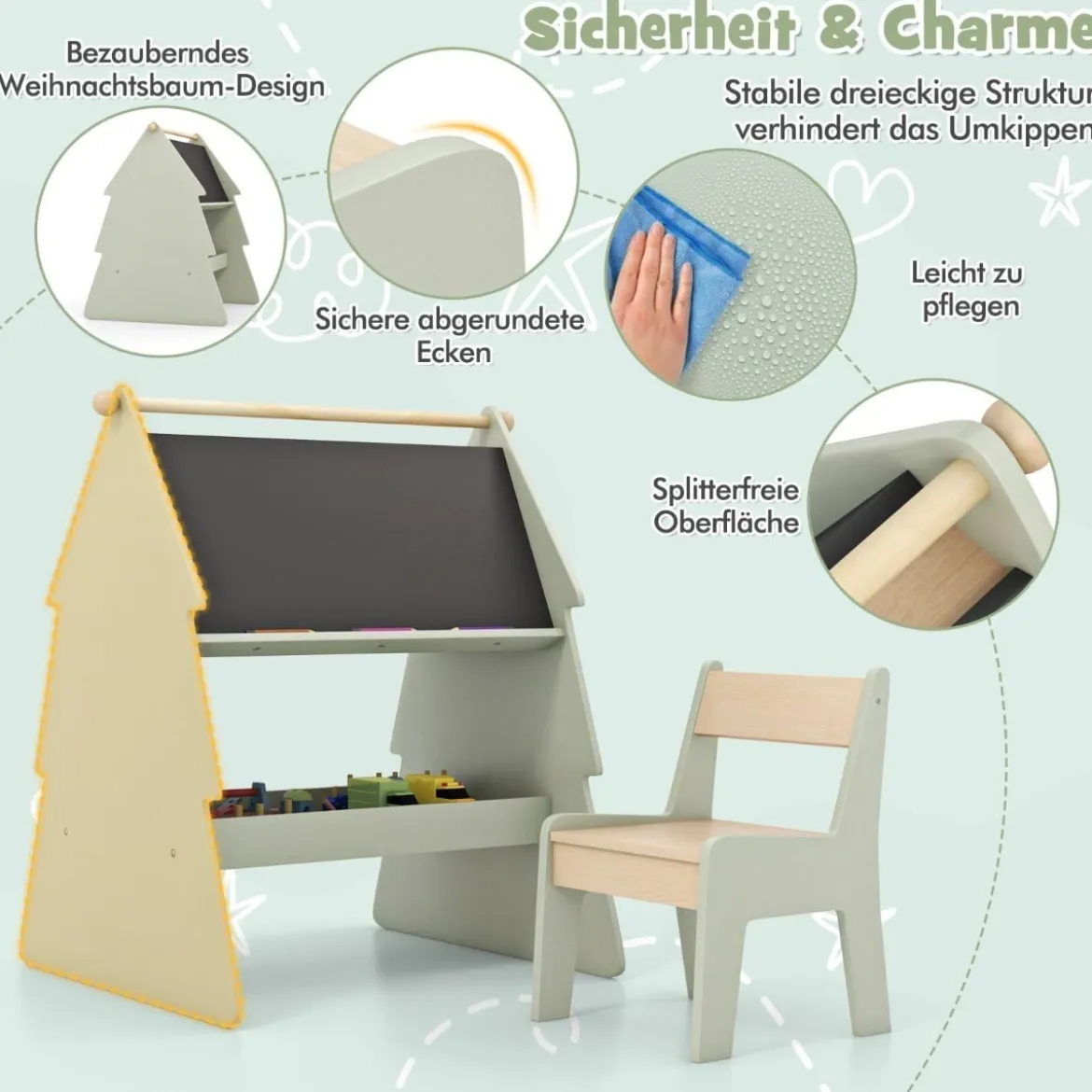2 in 1 Kinder Staffelei mit Stuhl in Baumform Doppelseitige Standtafel mit Kreidetafel & Whiteboard