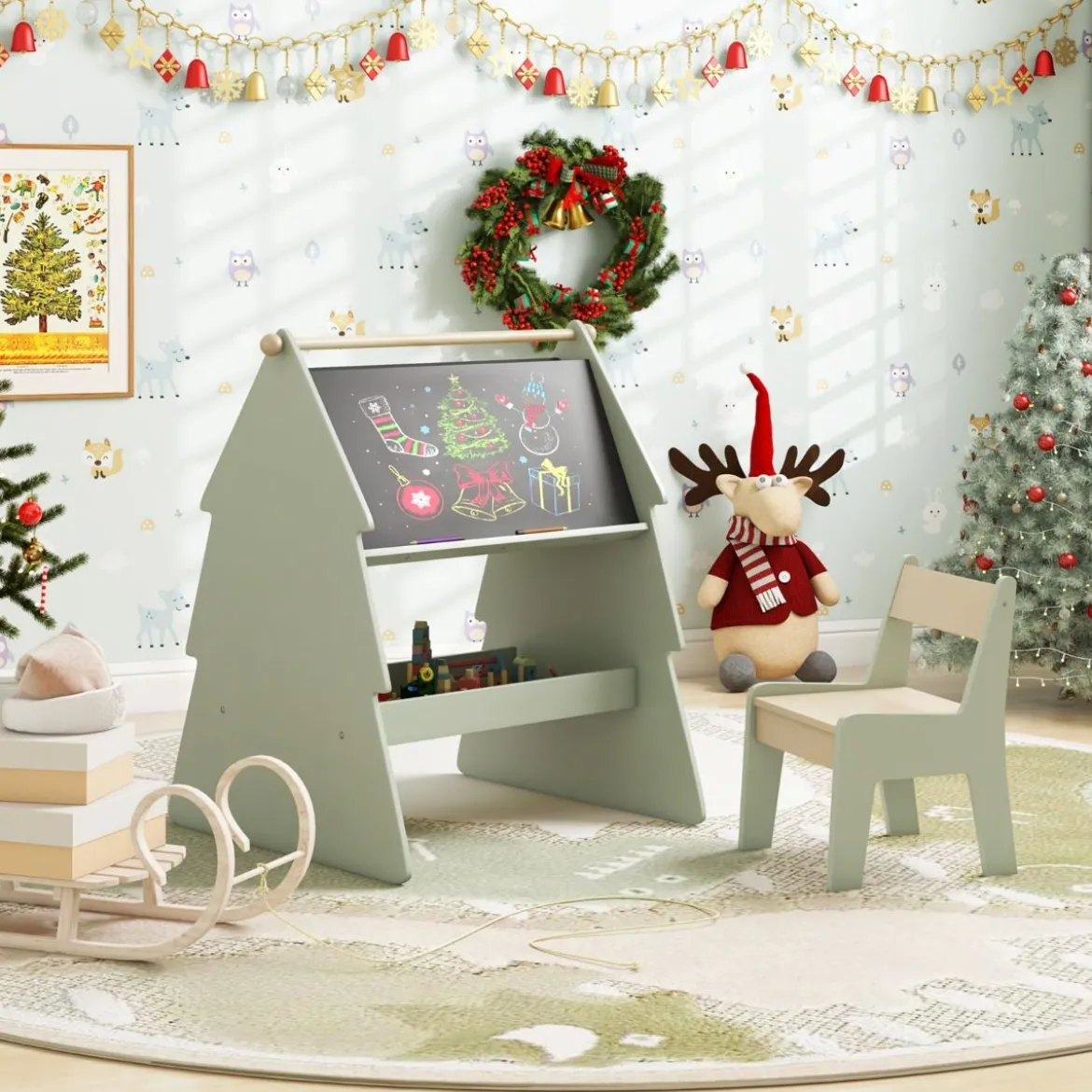2 in 1 Kinder Staffelei mit Stuhl in Baumform Doppelseitige Standtafel mit Kreidetafel & Whiteboard