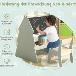 2 in 1 Kinder Staffelei mit Stuhl in Baumform Doppelseitige Standtafel mit Kreidetafel & Whiteboard