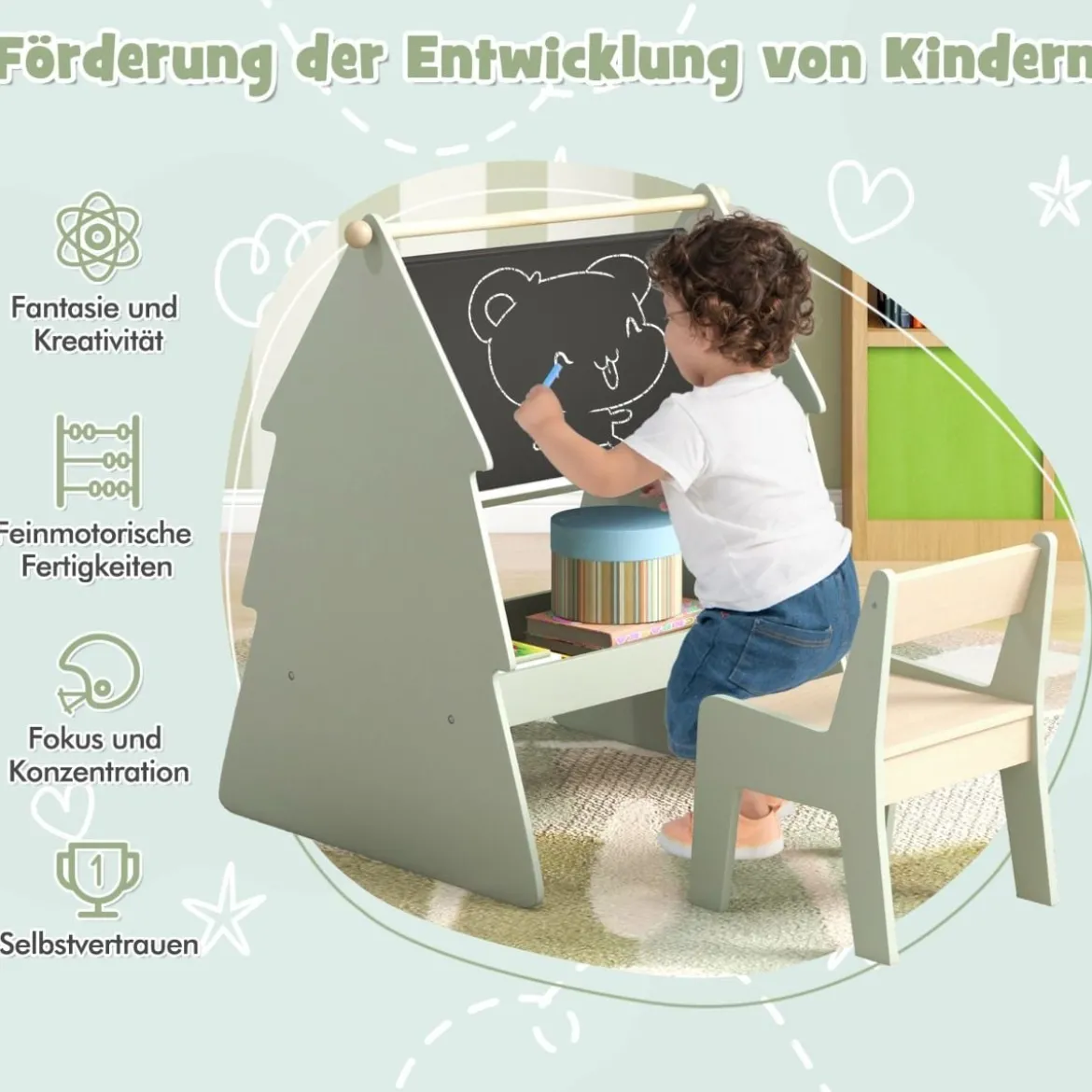 2 in 1 Kinder Staffelei mit Stuhl in Baumform Doppelseitige Standtafel mit Kreidetafel & Whiteboard