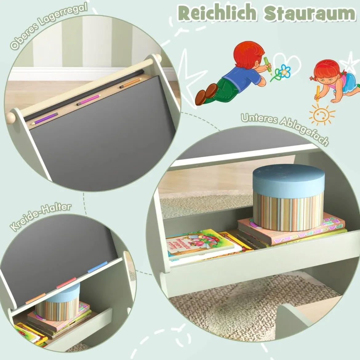 2 in 1 Kinder Staffelei mit Stuhl in Baumform Doppelseitige Standtafel mit Kreidetafel & Whiteboard