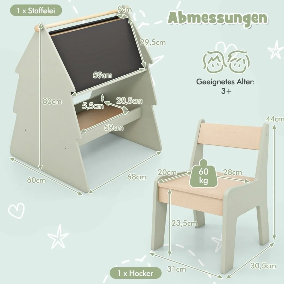 2 in 1 Kinder Staffelei mit Stuhl in Baumform Doppelseitige Standtafel mit Kreidetafel & Whiteboard
