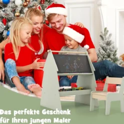 2 in 1 Kinder Staffelei mit Stuhl in Baumform Doppelseitige Standtafel mit Kreidetafel & Whiteboard