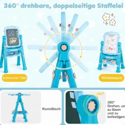 4-in-1 Kindertafel Höhenverstellbar Doppelseitige Kinderstaffelei mit Magnettafel 360° Drehbar