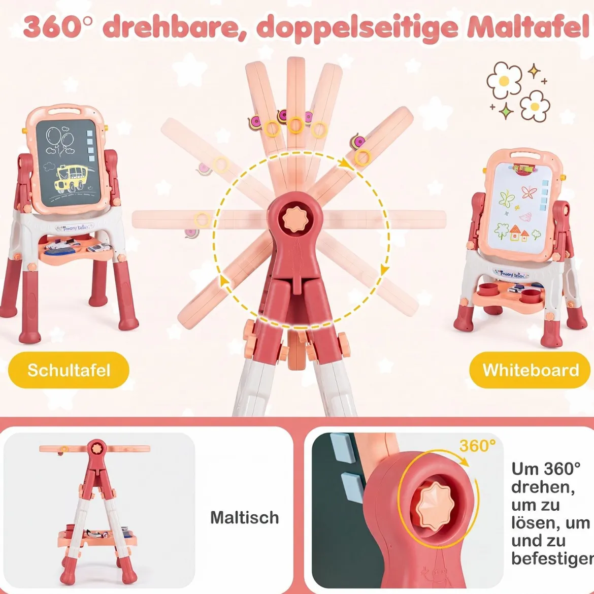 4-in-1 Kindertafel Höhenverstellbar Doppelseitige Kinderstaffelei mit Magnettafel 360° Drehbar