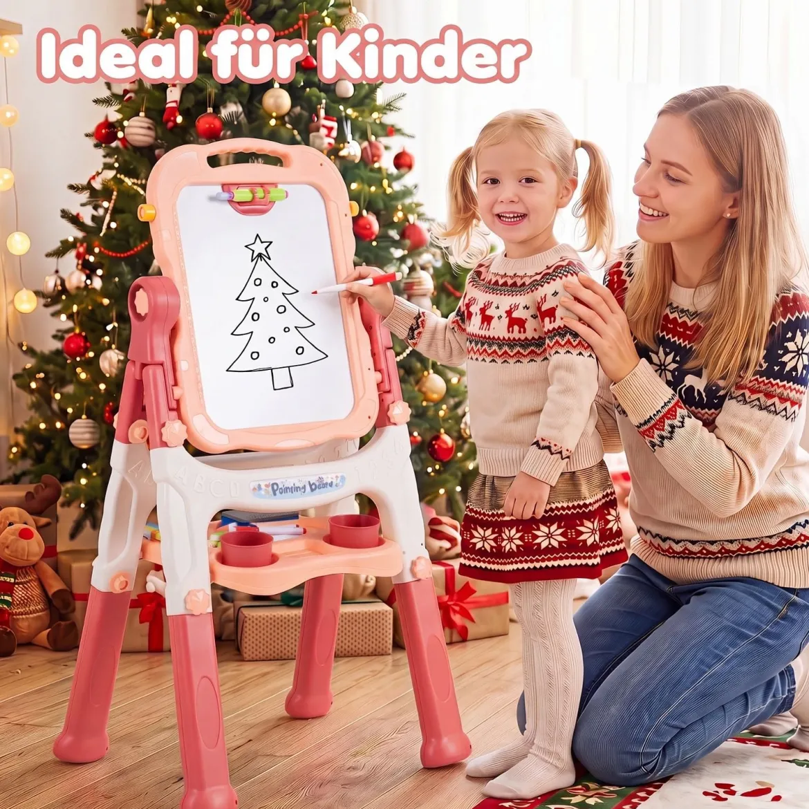 4-in-1 Kindertafel Höhenverstellbar Doppelseitige Kinderstaffelei mit Magnettafel 360° Drehbar