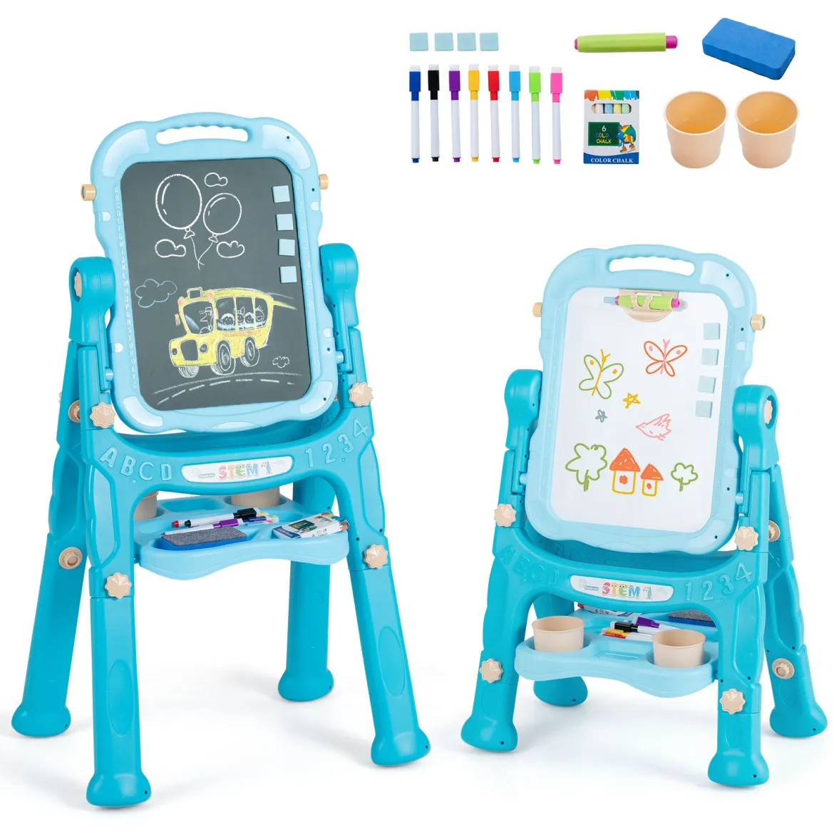 4-in-1 Kindertafel Höhenverstellbar Doppelseitige Kinderstaffelei mit Magnettafel 360° Drehbar