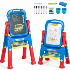 4-in-1 Kindertafel Höhenverstellbar Doppelseitige Kinderstaffelei mit Magnettafel 360° Drehbar