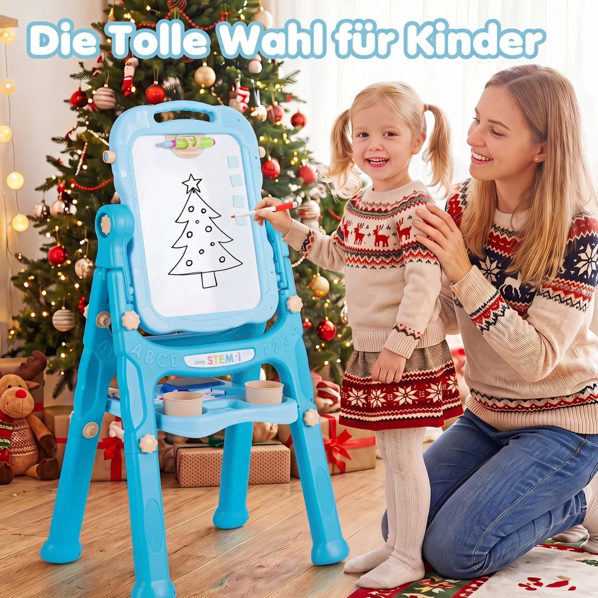 4-in-1 Kindertafel Höhenverstellbar Doppelseitige Kinderstaffelei mit Magnettafel 360° Drehbar