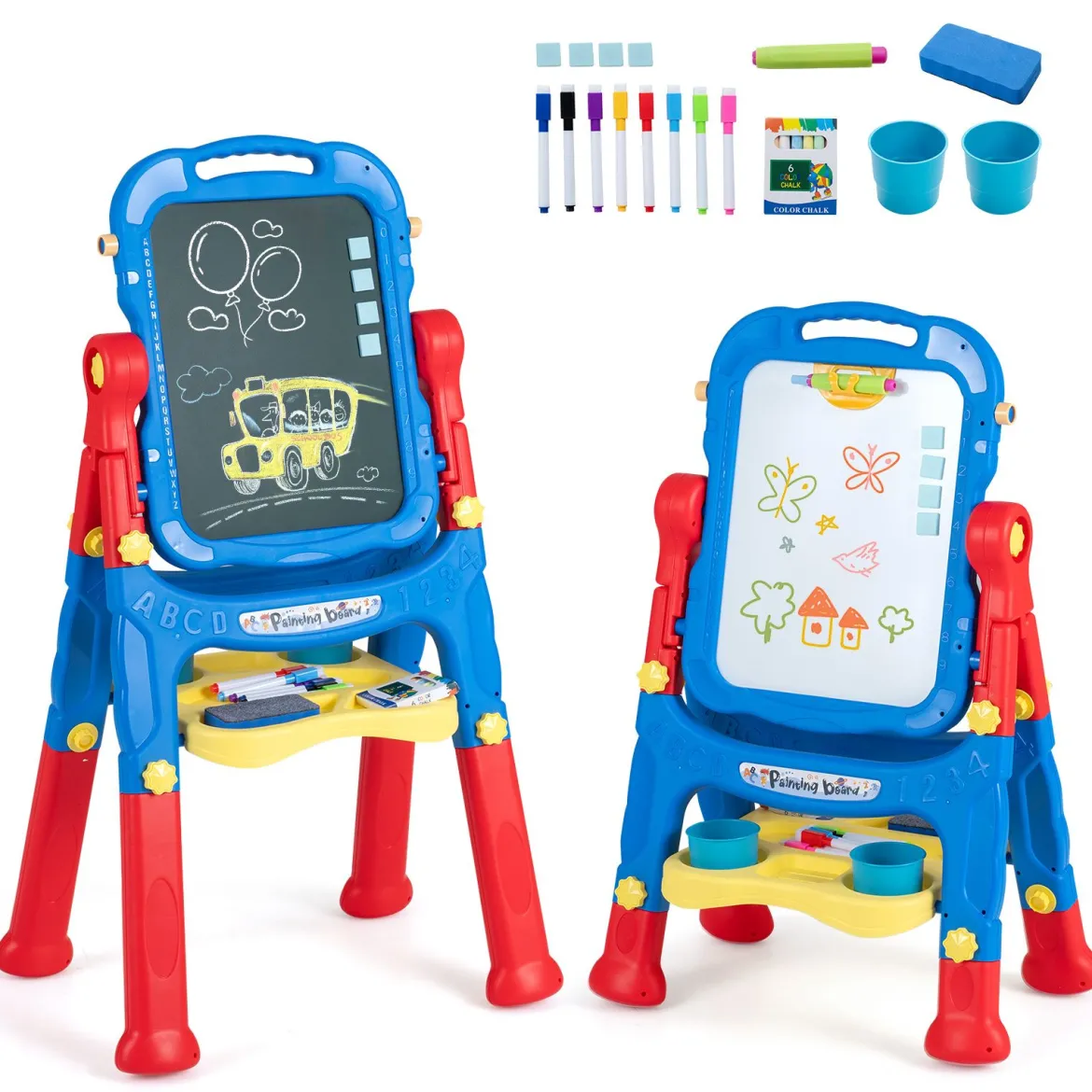 4-in-1 Kindertafel Höhenverstellbar Doppelseitige Kinderstaffelei mit Magnettafel 360° Drehbar