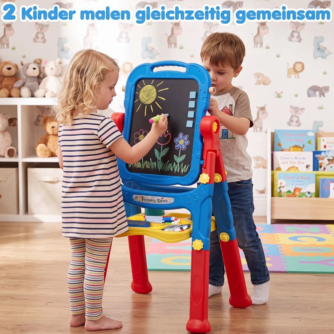 4-in-1 Kindertafel Höhenverstellbar Doppelseitige Kinderstaffelei mit Magnettafel 360° Drehbar