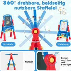 4-in-1 Kindertafel Höhenverstellbar Doppelseitige Kinderstaffelei mit Magnettafel 360° Drehbar