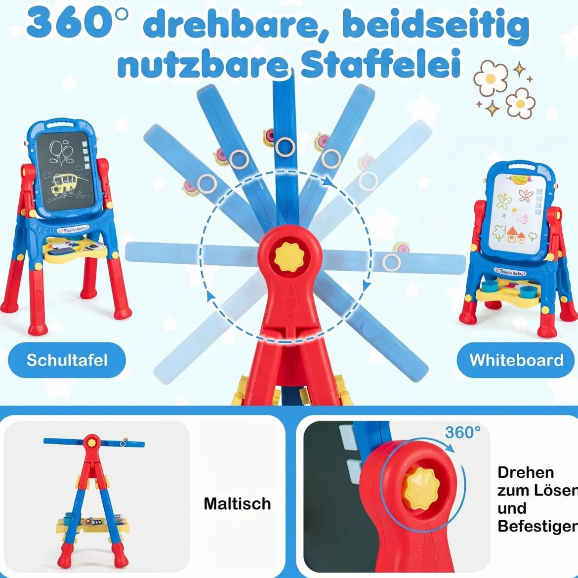4-in-1 Kindertafel Höhenverstellbar Doppelseitige Kinderstaffelei mit Magnettafel 360° Drehbar