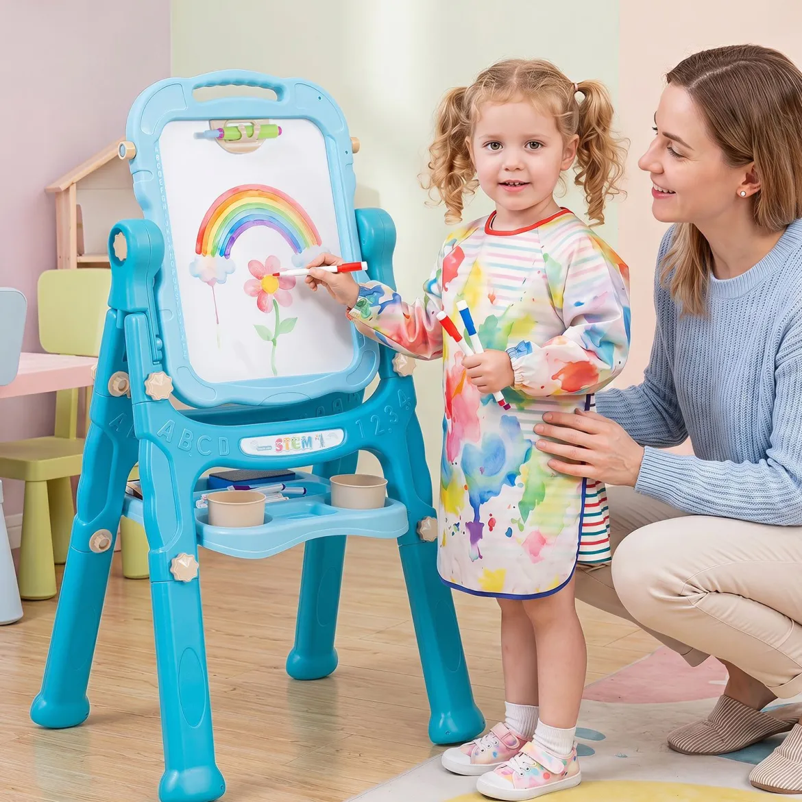 4-in-1 Kindertafel Höhenverstellbar Doppelseitige Kinderstaffelei mit Magnettafel 360° Drehbar