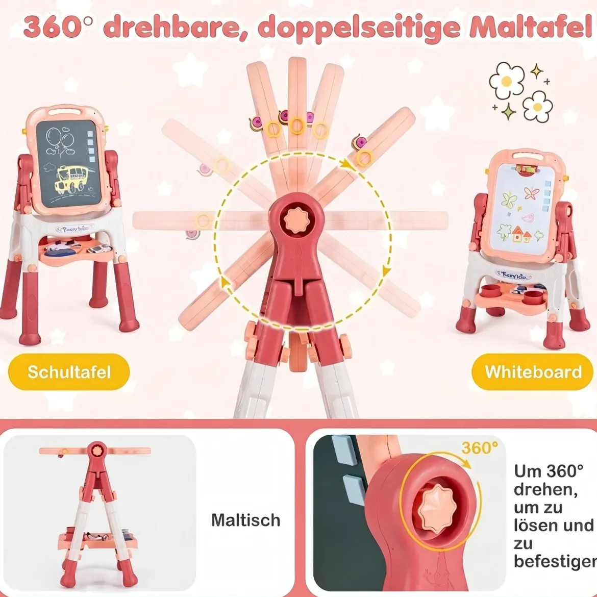 4-in-1 Kindertafel Höhenverstellbar Doppelseitige Kinderstaffelei mit Magnettafel 360° Drehbar