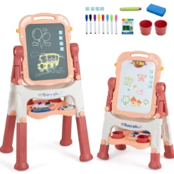 4-in-1 Kindertafel Höhenverstellbar Doppelseitige Kinderstaffelei mit Magnettafel 360° Drehbar