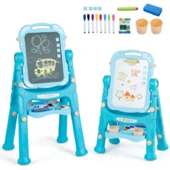 4-in-1 Kindertafel Höhenverstellbar Doppelseitige Kinderstaffelei mit Magnettafel 360° Drehbar