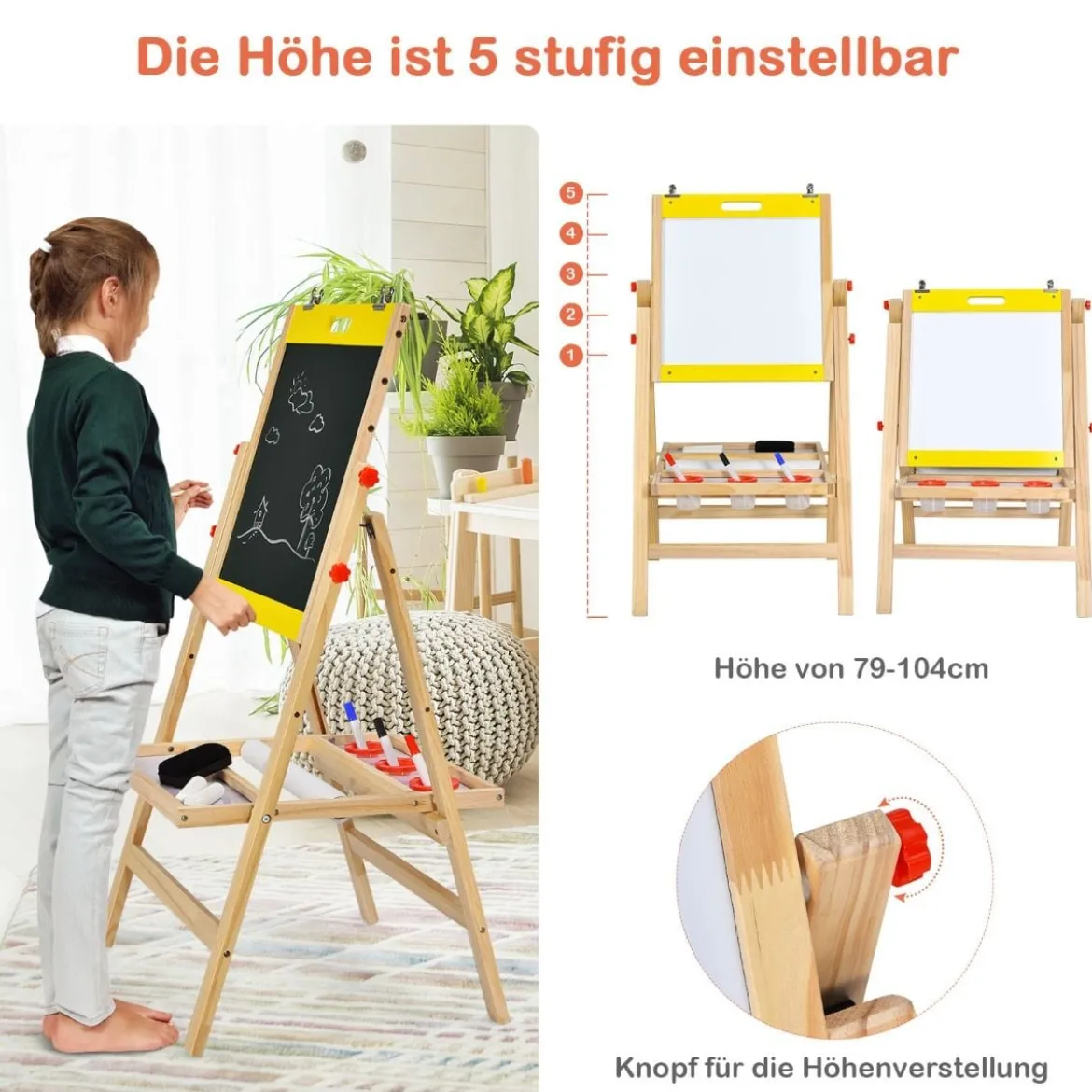 3 in 1 Kindertafel Klappbar Höhenverstellbare Holztafel für Kinder 50,5 x 53,5 x 79-104 cm Natur + Gelb