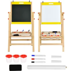 3 in 1 Kindertafel Klappbar Höhenverstellbare Holztafel für Kinder 50,5 x 53,5 x 79-104 cm Natur + Gelb
